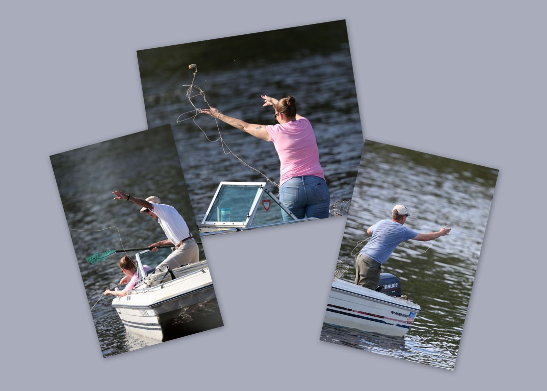 Crabbing composite: three photos of people crabbing from a boat